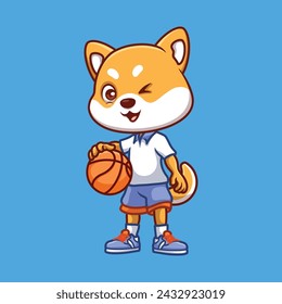 Basketball Shiba Inu Cute Cartoon Character Illustration