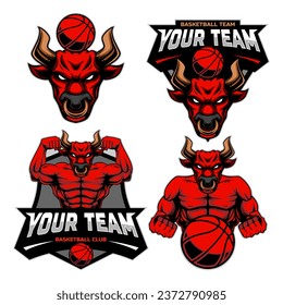 Basketball Shield Emblem Badge Club logo with a mascot of bull head and half a body. set of logo variations