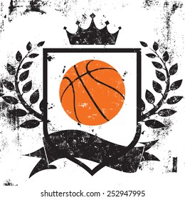 Basketball shield insignia A basketball on a shield with a crown, laurel wreath and a ribbon text banner over an abstract background. 
