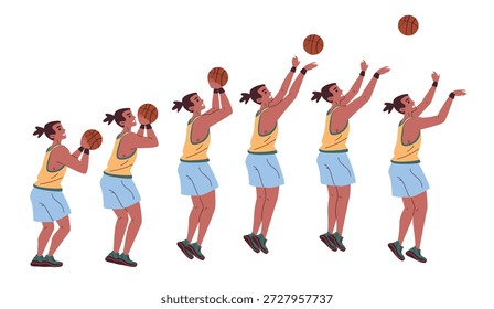 Tiroteio no basquete. Jogador de basquete jogando bola em basket step animation, atleta profissional salto pose esporte sequência do jogo man character motion, ilustração de vetor elegante