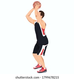 Basketball shooting technique. Young man athlete, professional basketball player shooting ball into the hoop, vector illustration. Sport and healthy lifestyle.