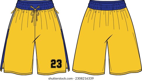 Basketball Shorts jersey design flat sketch Illustration, wide leg boxing shorts concept with front and back view. oversize active wear shorts design.