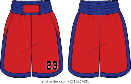 Basketball Shorts jersey diseño dibujo plano Ilustración, concepto de pantalones cortos de boxeo anchos con vista frontal y trasera. diseño de pantalones cortos de desgaste activo de tamaño excesivo.