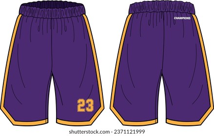 Basketball Shorts diseño esquinero plano ilustración vectorial con vista frontal y trasera para boxeo, Baller, fútbol, voleibol, tenis, bádminton y diseño de pantalones cortos de desgaste activo de tamaño excesivo.