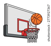 A basketball is shown going through a hoop on a backboard in this sports illustration.