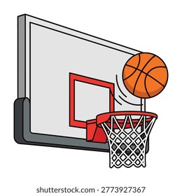 A basketball is shown going through a hoop on a backboard in this sports illustration.
