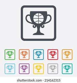 Basketball sign icon. Sport symbol. Winner award cup. Round squares buttons with frame. Vector