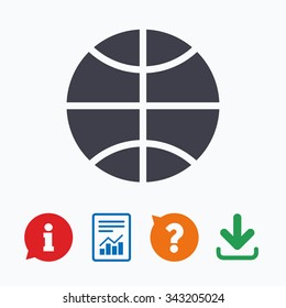 Basketball sign icon. Sport symbol. Information think bubble, question mark, download and report.