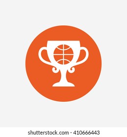 Basketball sign icon. Sport symbol. Winner award cup. Orange circle button with icon. Vector
