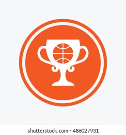 Basketball sign icon. Sport symbol. Winner award cup. Graphic design element. Flat basketball symbol on the round button. Vector