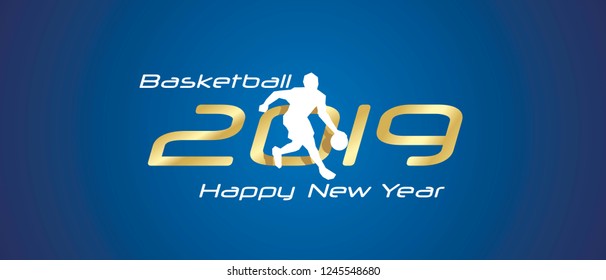 Basketball silhouette 2019 Happy New Year gold white logo icon blue background