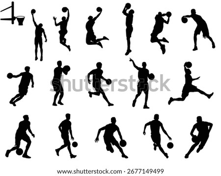 Basketball silhouette set. Group of different basketball players in different playing positions.