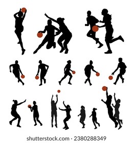 Basketball silhouettes. Set of silhouettes of basketball female players in game motions. Vector illustration.