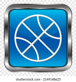 Basketball simple icon vector. Flat design. Metal, blue square button. Transparent grid.ai