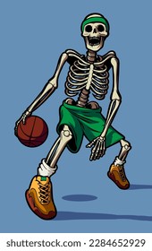 Basketball skeleton. Realistic isolated detailed illustration of a skeleton practicing with a basketball.