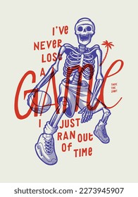 Basketball skeleton. Skeleton with a basketball vintage typography silkscreen t-shirt print vector illustration.