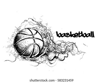 Basketball sketch with smokey wave design, vector illustration.
