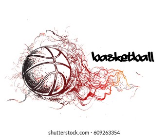 Basketball sketch with smokey wave design, vector illustration.