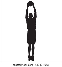 Basketball skill and shooting technique. Young man athlete, professional basketball player silhouette jumping and shooting ball into the hoop, vector illustration. Sport and healthy lifestyle.