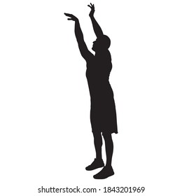 Basketball skill and shooting technique. Young man athlete, professional basketball player silhouette shooting ball into the hoop, vector illustration. Sport and healthy lifestyle.
