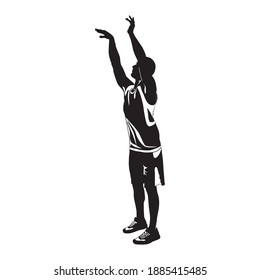 Basketball skill and shooting technique. Young man athlete, professional basketball player silhouette shooting ball into the hoop, vector illustration. Sport and healthy lifestyle.