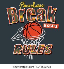 Basketball  slogan break rules And number illustration on Camouflage pattern Bright colors,graphic art, vector t shirt design product,Gray   Background.