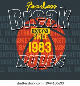 Reglas de ruptura del eslogan del baloncesto Y ilustración numérica de colores brillantes del camuflaje, arte gráfico, diseño de camisetas vectoriales, arte pop Basketball Patrón fondo gris.