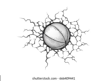 Basketball smash the white wall with cracks hole. Texture design of a stone background. Sport ball vector for tournament.