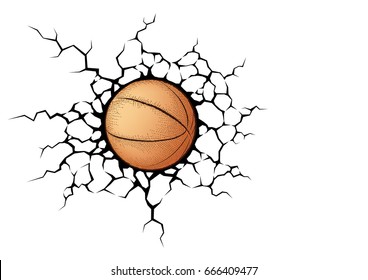 Basketball Smash The White Wall With Cracks Hole. Texture Design Of A White Background. Sport Ball Vector For Tournament.