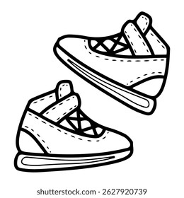Basketball sneakers Hand drawn doodle illustration. Footwear. Sports equipment. Player feet uniform. Ball game shoes. Vector line art element.