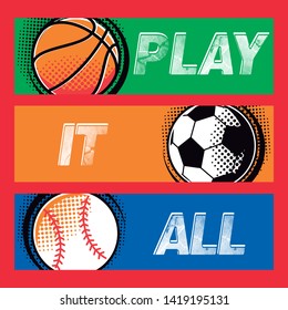Vector de baloncesto, fútbol y béisbol. Juega todo.