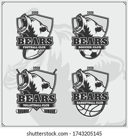 Basketball, soccer, football and hockey logos and labels. Sport club emblems with bear. Print design for t-shirts.