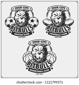 Basketball, soccer and football logos and labels. Sport club emblems with pitbull.