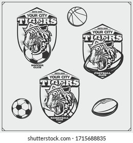 Basketball, soccer and football logos and labels. Sport club emblems with tiger. Print design for t-shirt.