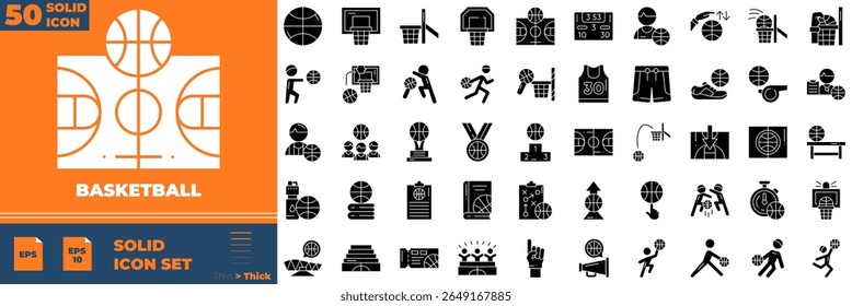 Basketball Solid Editable Icons set. Vector illustration in modern thin solid style of basketball icons: Hoop, Stadium, Basketball Jersey, etc