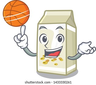 With basketball soy milk in a cartoon box