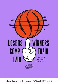 Basketball spinning on the cartoon hand finger. Basketball vintage typography silkscreen t-shirt print vector illustration.