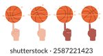 Basketball spins on your finger. Different hand skin colors, spinning ball. Professional athlete arms front and back, rotate. Colorful icon. Cartoon flat style isolated vector concept