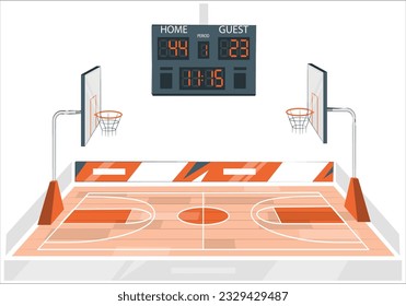 Arena deportiva de baloncesto. Vistas interiores al suelo de madera de la cancha de baloncesto. Dos vistas laterales de los aros de baloncesto. Ilustración digital 3D del fondo deportivo. Campo de baloncesto urbano al aire libre vacío. 1958