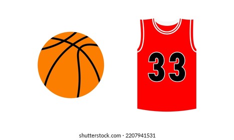 Basketball Sport Ball And Uniform Isolated On White Background Vector Icon Set. Cartoon Doodle Jersey Shirt, Game Equipment.