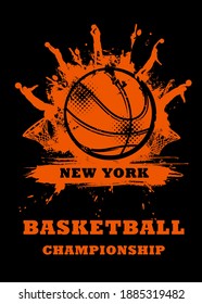 Basketball sport championship and league tournament, vector poster, halftone background. Basketball playoff match or college club game, players hands silhouette jump and shoot ball in basket hoop