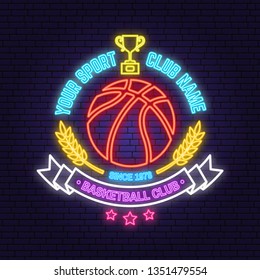 Basketball sport club neon design or emblem. Vector illustration. Concept for shirt, print, stamp or tee. Vintage typography design with award cup and basketball ball silhouette. Night neon signboard
