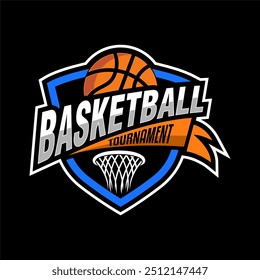 basketball sport club team logo tournament competition design emblem badge vector illustration template with ball shield icon on black background