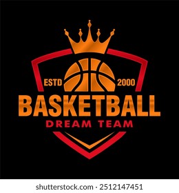 Basketball Sport Club Team Logo Turnier Wettbewerb Design Emblem Abzeichen Vektorgrafik-Vorlage mit Ball Schild Symbol auf schwarzem Hintergrund