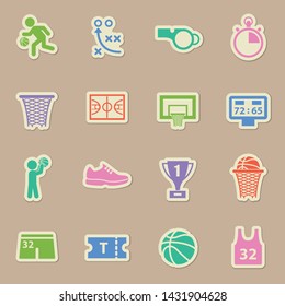 basketball sport color sticker vector icons. basketball paper labels with transparent shadow on beige background for web, mobile and user interface design