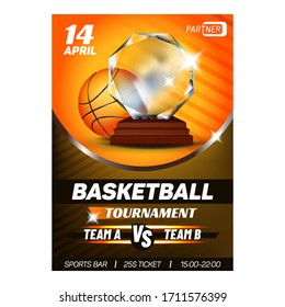 Basketball Sport Competition Flyer Banner Vector. Basketball Game Ball And Award Trophy For Winner Team On Advertise Poster. Athletic Field Match Event Colorful Concept Template Illustration