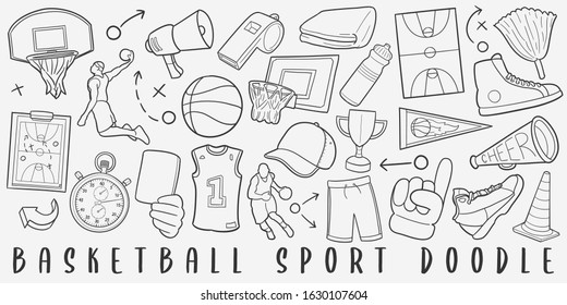 Basketball Sport Doodle Line Art Illustration. Hand Drawn Vector Clip Art. Banner Set Logos.