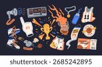 Basketball sport elements set. Game scoreboard, ball in basket, referee whistle, uniform, sneakers, ticket and trophy for championship, competition, tournament. Isolated flat vector illustrations