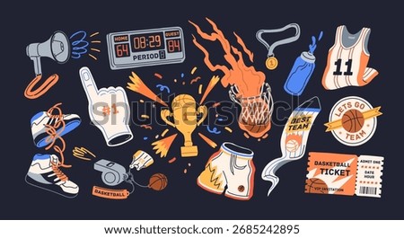 Basketball sport elements set. Game scoreboard, ball in basket, referee whistle, uniform, sneakers, ticket and trophy for championship, competition, tournament. Isolated flat vector illustrations
