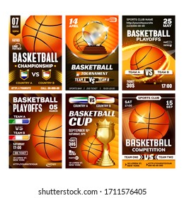 Basketball Sport Event Flyer Posters Set Vector. Basketball Ball And Golden Cup Award Trophy. Announcement Of National And International Championship Sportive Game Concept Template Illustrations